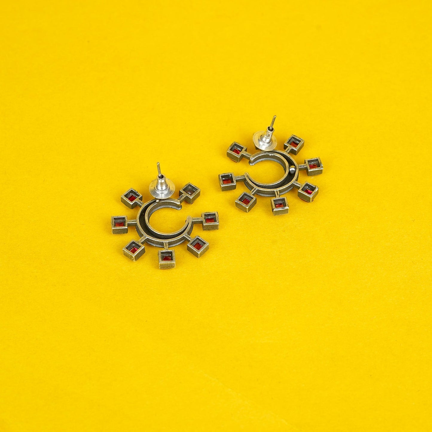 Zevar Club Oxidised Silver-Plated Black AD Studded Half-Hoop Earrings