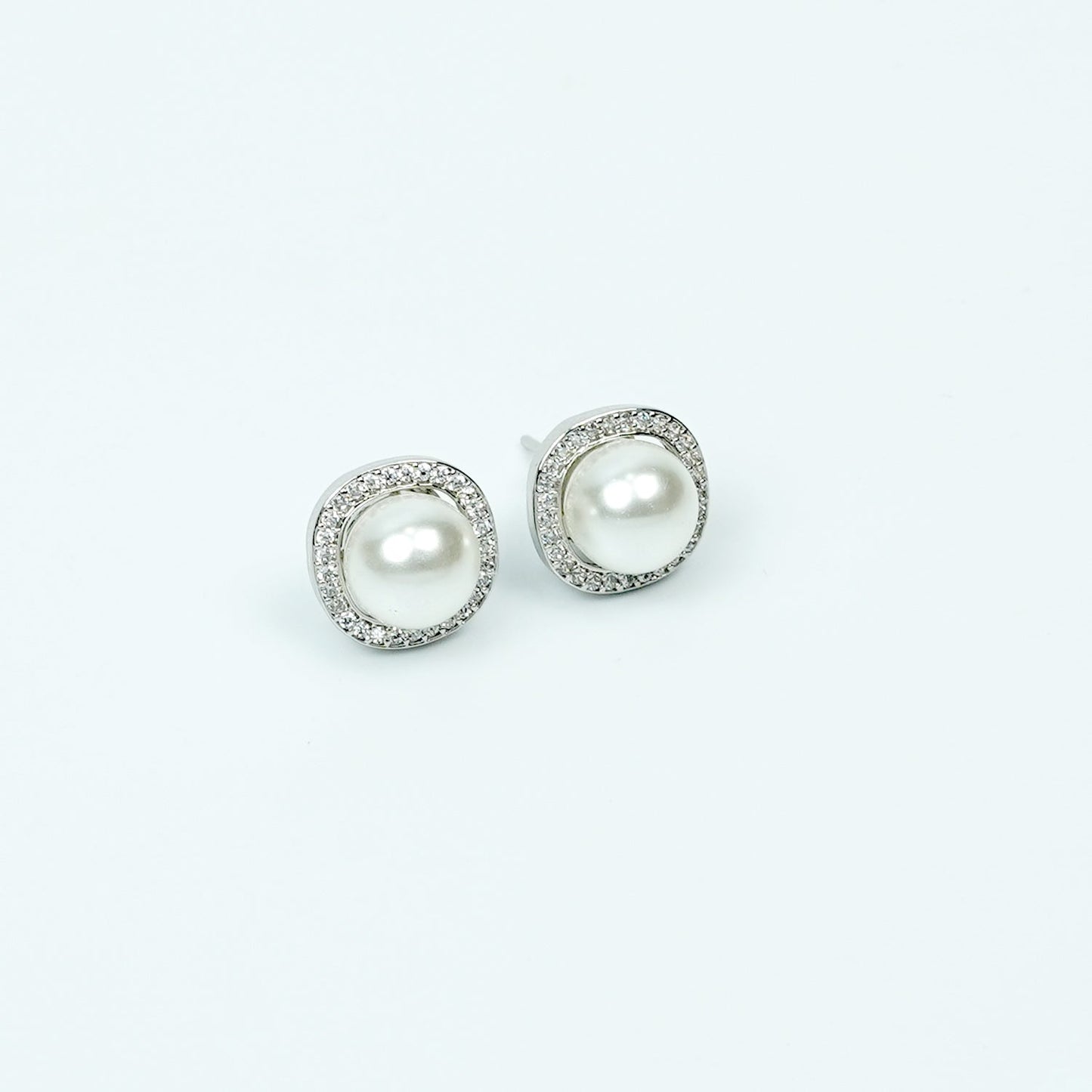 Zevar Club Rhodium-Plated Handcrafted White Pearl & Cubic Zirconia Halo Stud Earrings