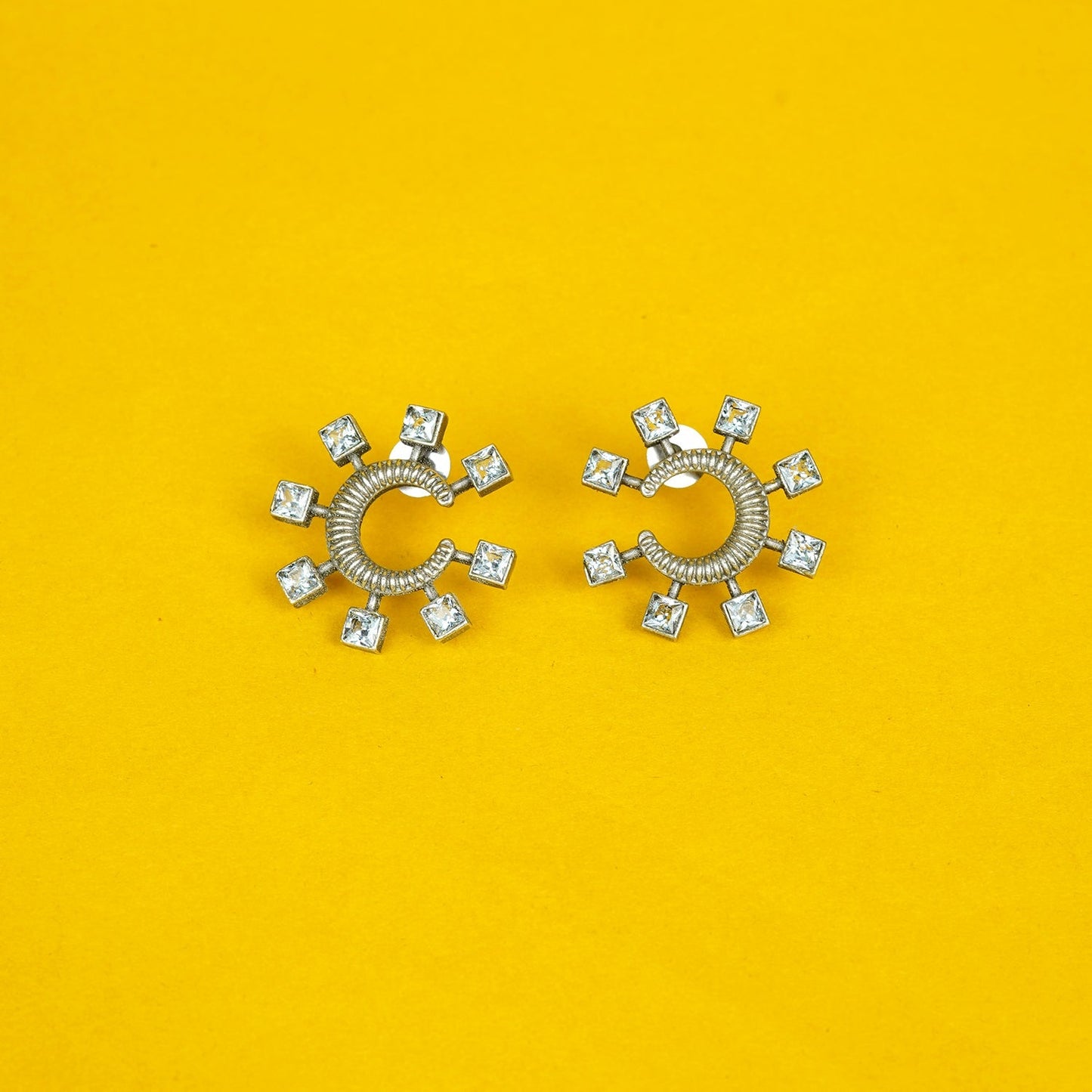 Zevar Club Oxidised Silver-Plated Textured Half-Hoop AD Studded Earrings