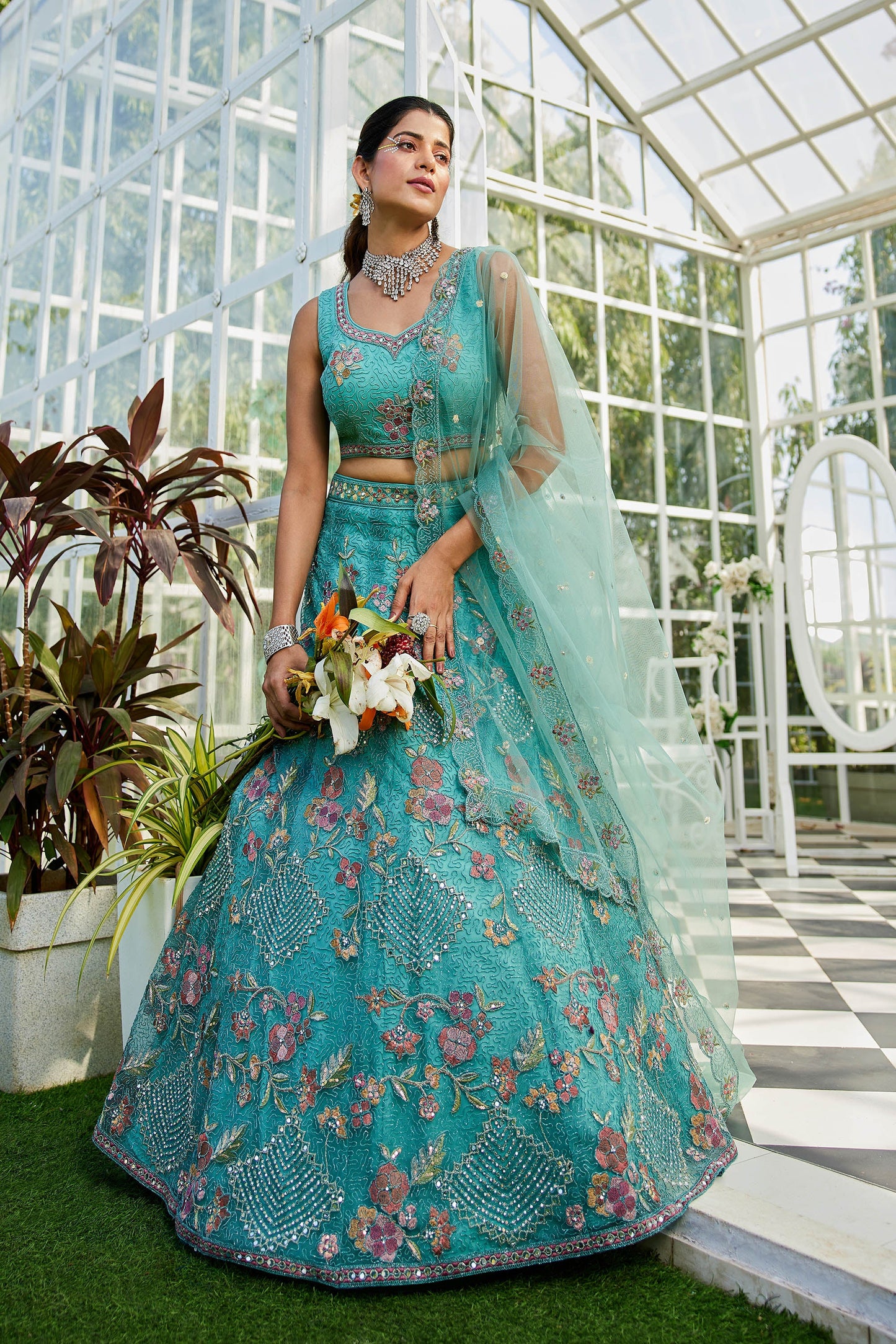 Lime Green net with Coding & Zarkan embroidery Lehenga choli & Dupatta