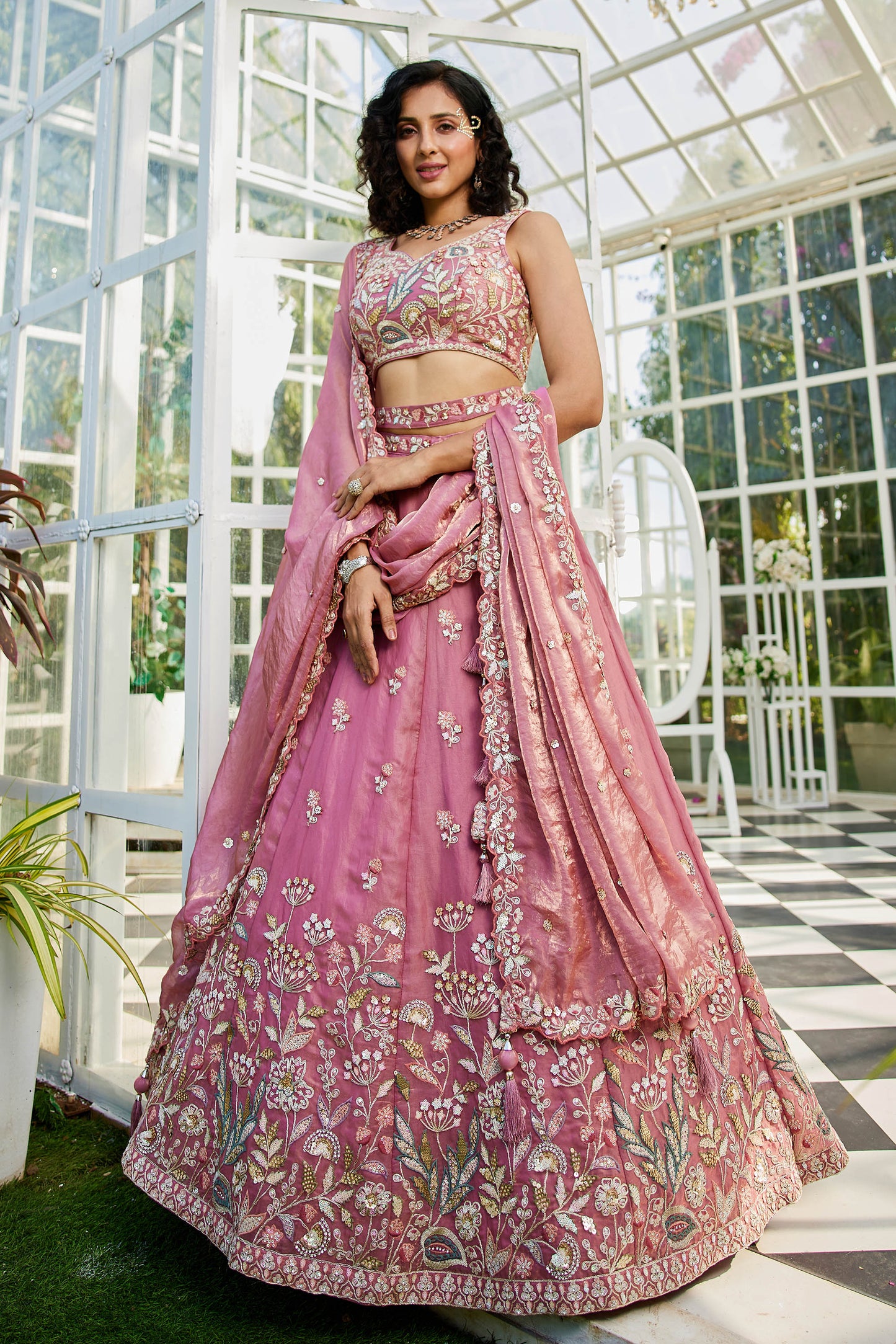 Pink colour Tissue Fabric with Sequinse & Thread embroidery Lehenga choli & Dupatta