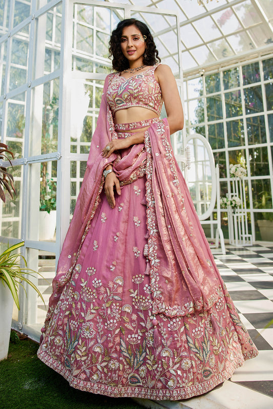 Pink colour Tissue Fabric with Sequinse & Thread embroidery Lehenga choli & Dupatta