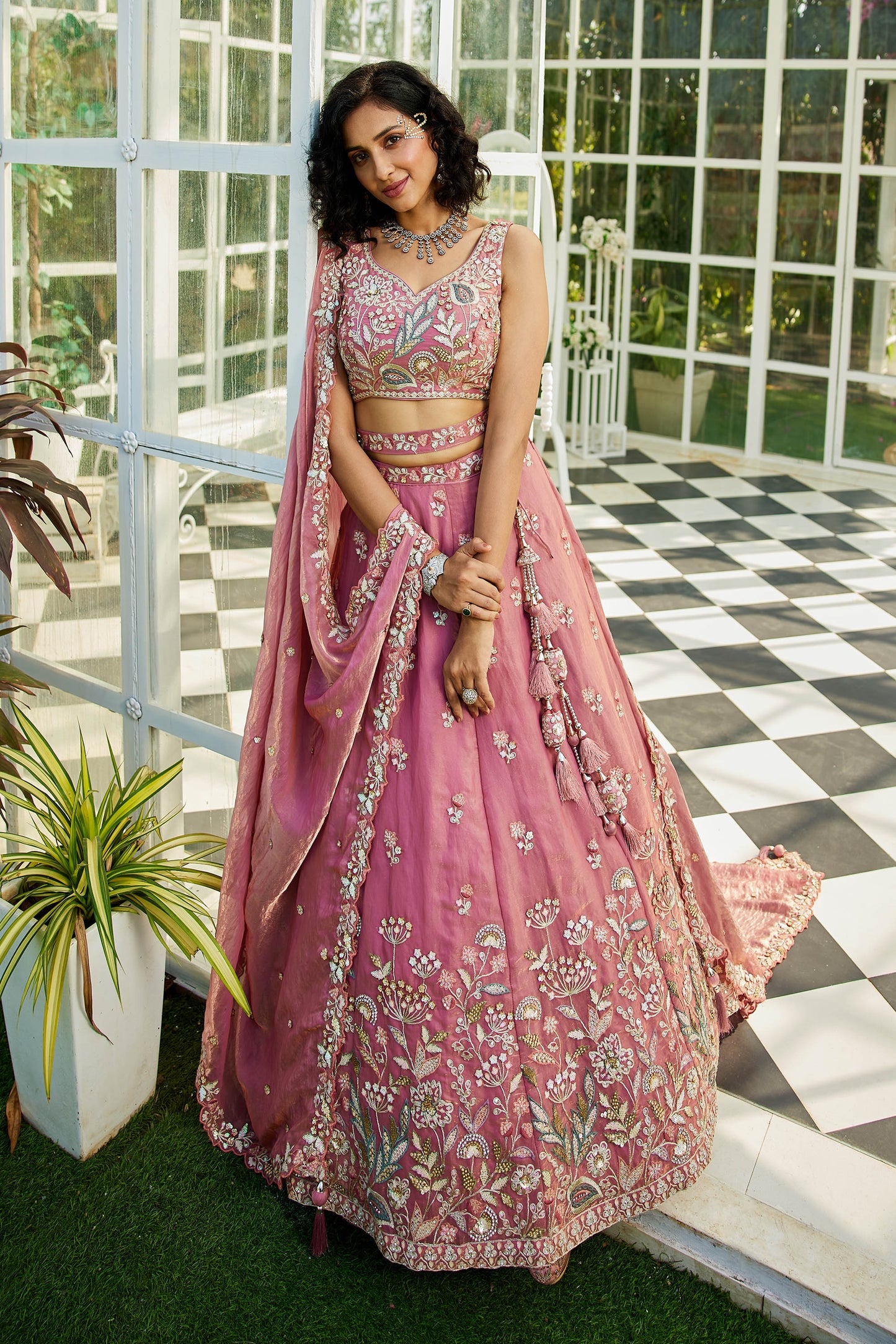 Pink colour Tissue Fabric with Sequinse & Thread embroidery Lehenga choli & Dupatta