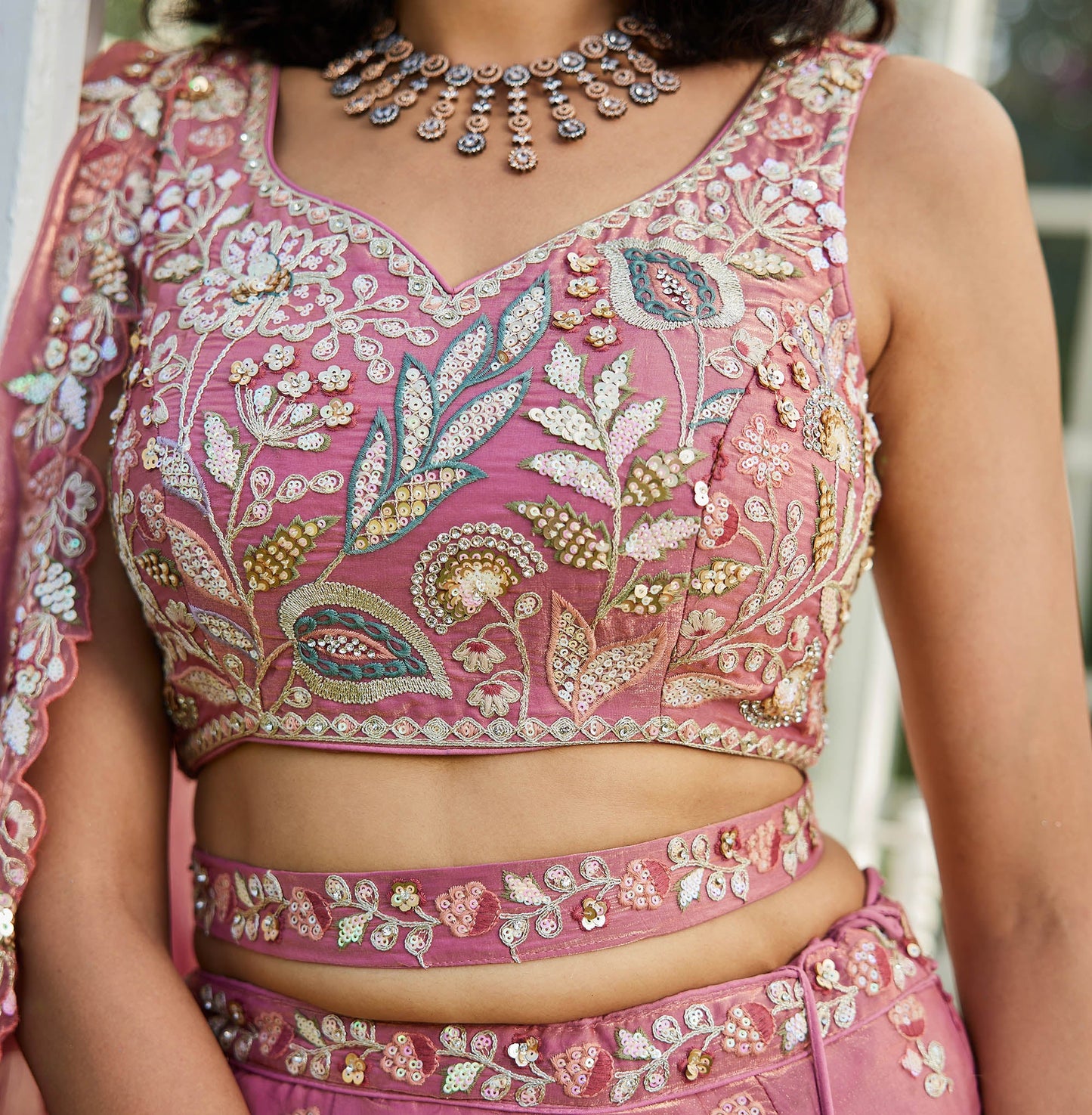 Pink colour Tissue Fabric with Sequinse & Thread embroidery Lehenga choli & Dupatta
