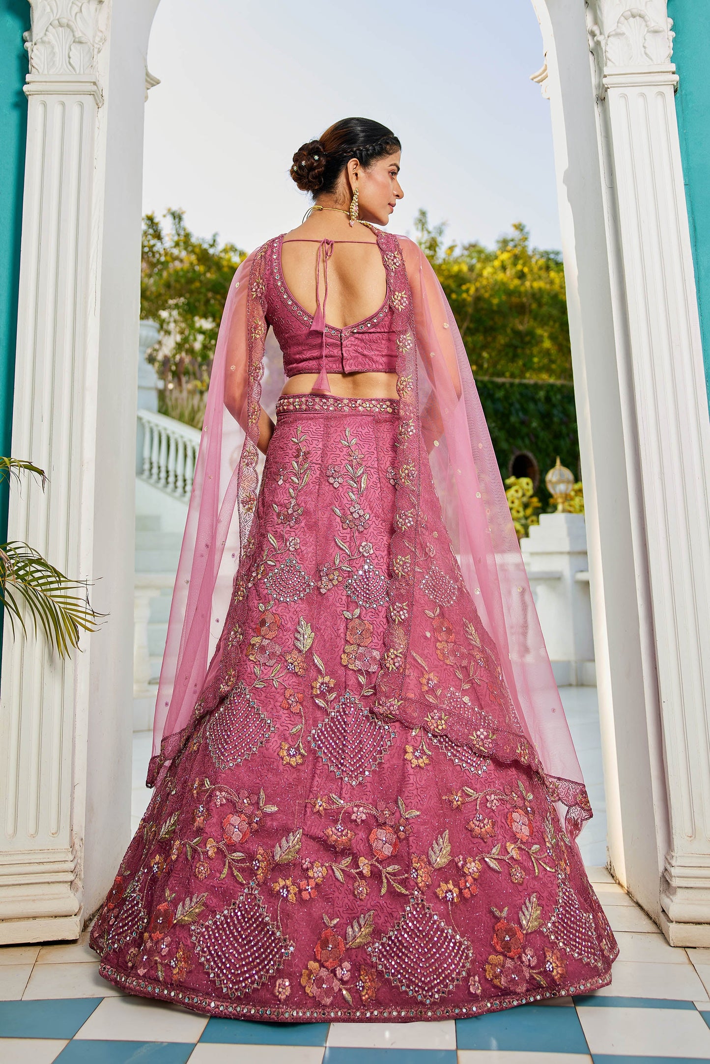 Pink net with Coding & Zarkan embroidery Lehenga choli & Dupatta