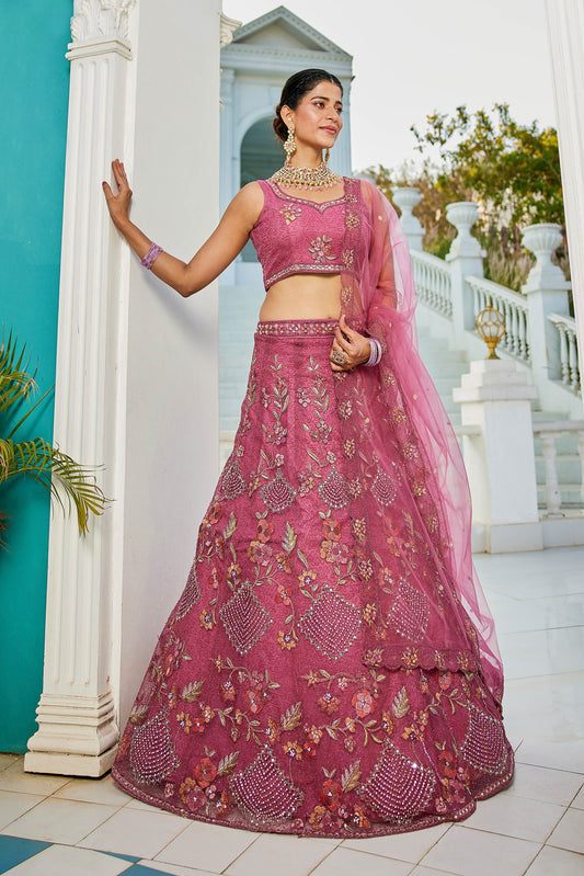 Pink net with Coding & Zarkan embroidery Lehenga choli & Dupatta