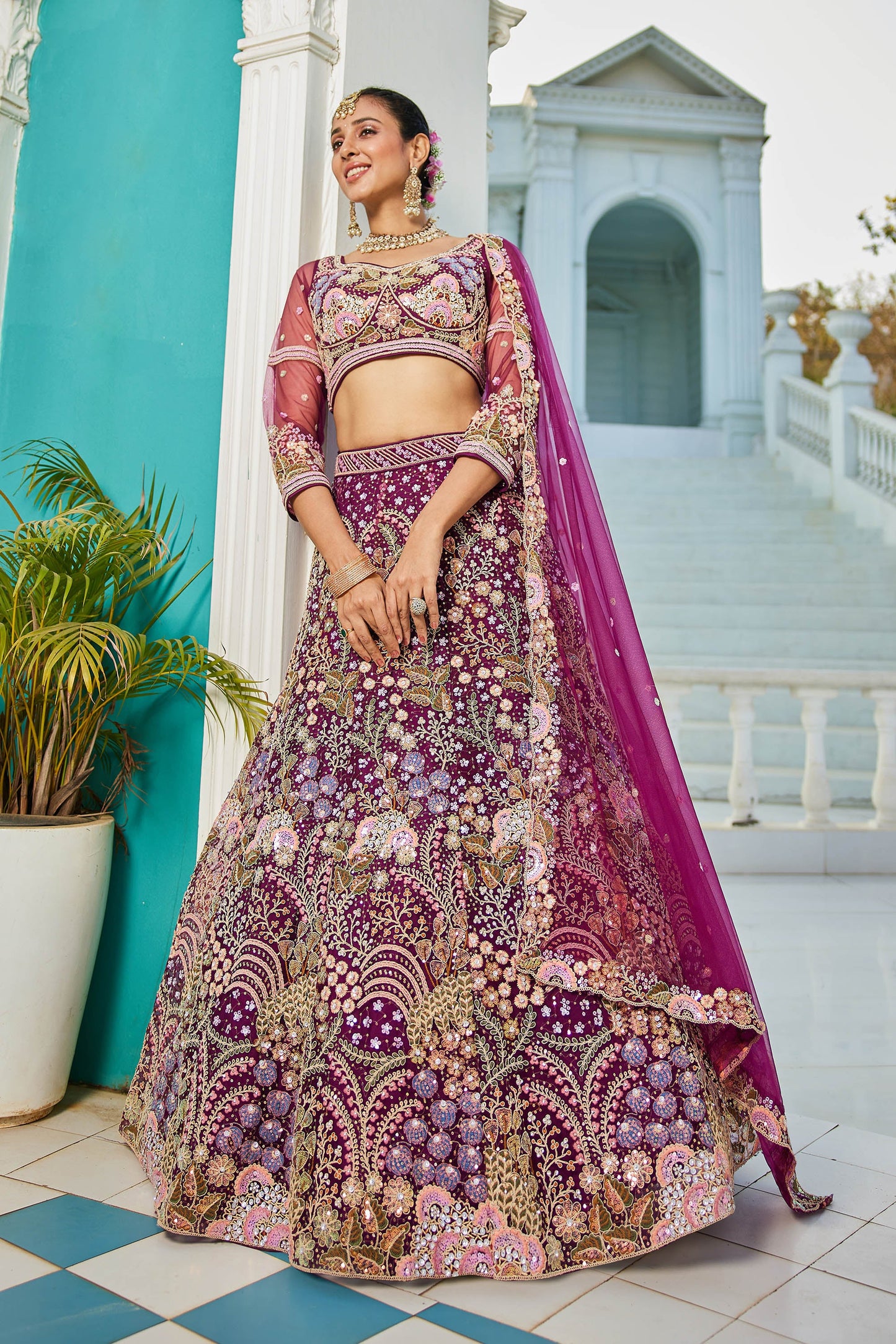Burgundy net with Coding & Zarkan embroidery Lehenga choli & Dupatta