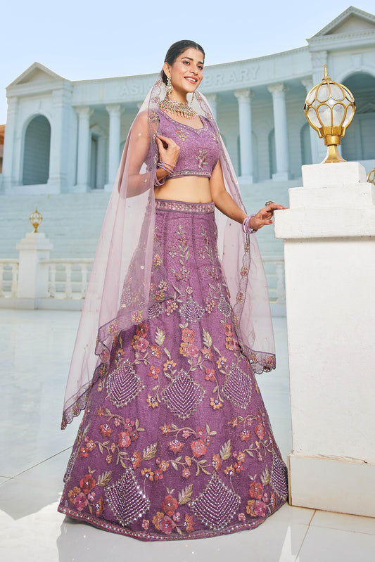 Purple net with Coding & Zarkan embroidery Lehenga choli & Dupatta