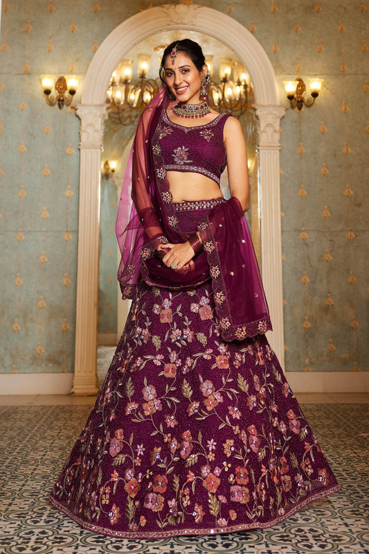 Burgundy net with Coding & Zarkan embroidery Lehenga choli & Dupatta