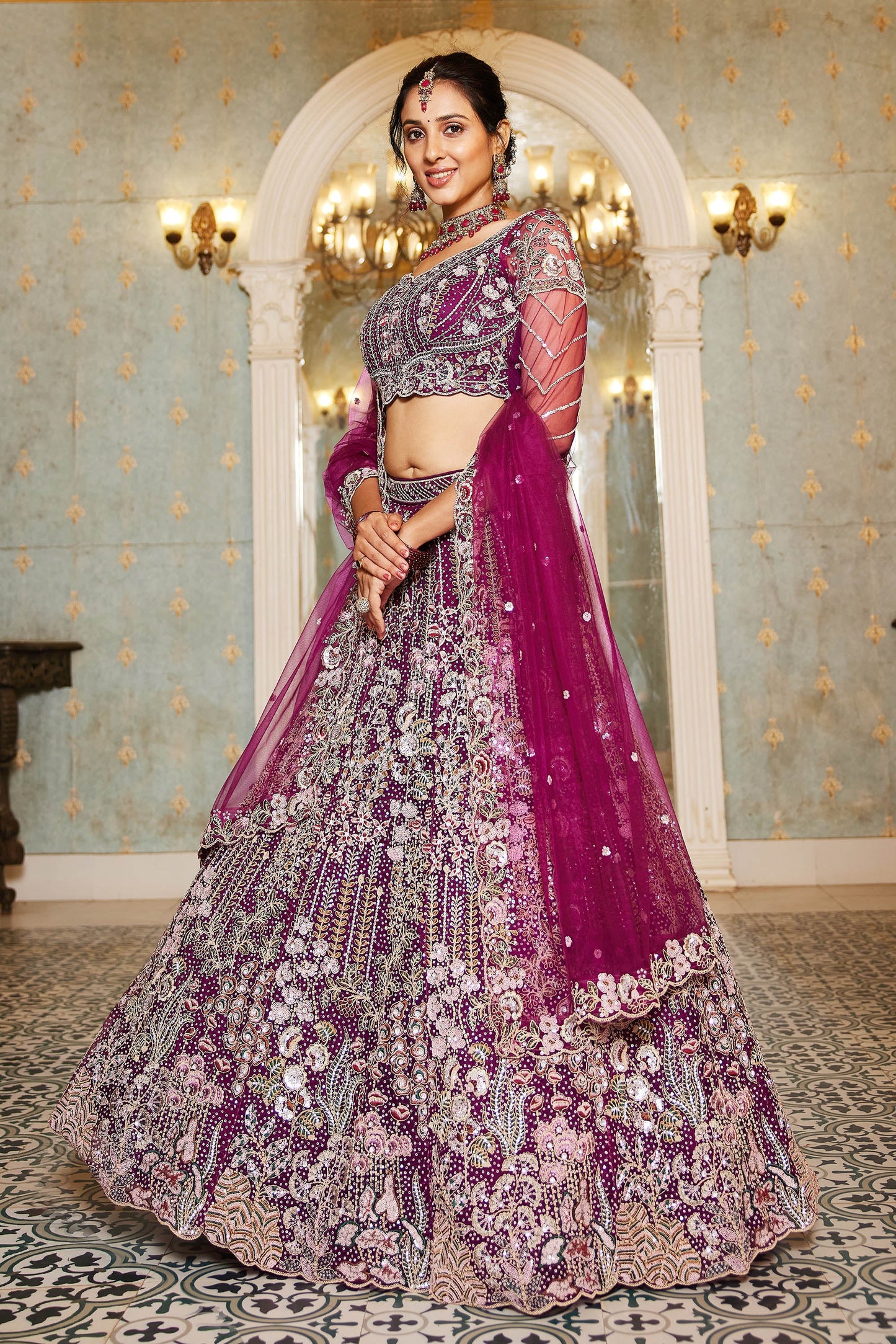 Burgundy net and Coding & Zarkan embroidery Lehenga choli & Dupatta