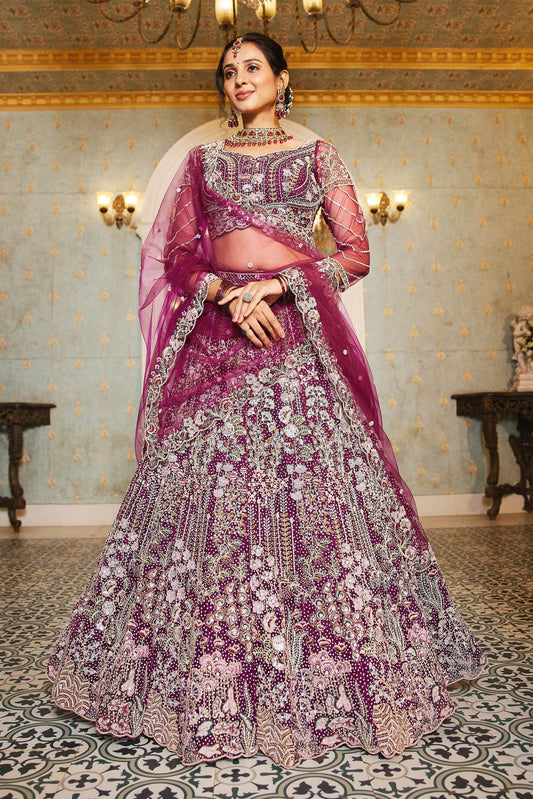 Burgundy net and Coding & Zarkan embroidery Lehenga choli & Dupatta