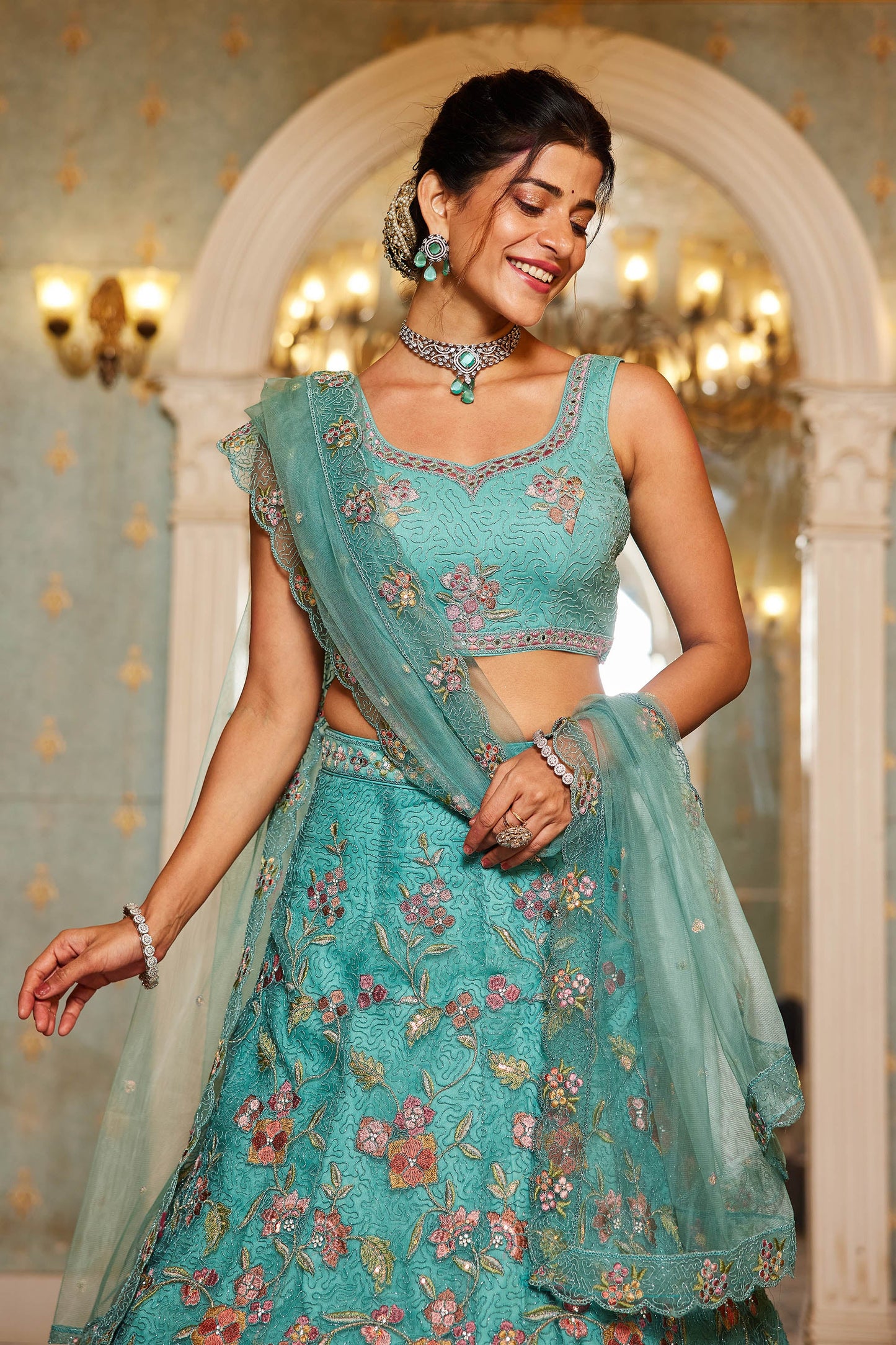 Lime Green net with Coding & Zarkan embroidery Lehenga choli & Dupatta
