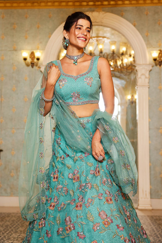 Lime Green net with Coding & Zarkan embroidery Lehenga choli & Dupatta