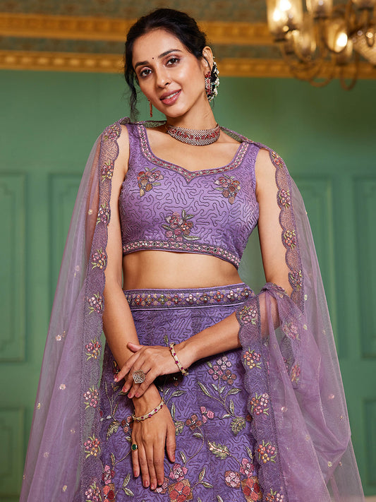 Purple net with Coding & Zarkan embroidery Lehenga choli & Dupatta