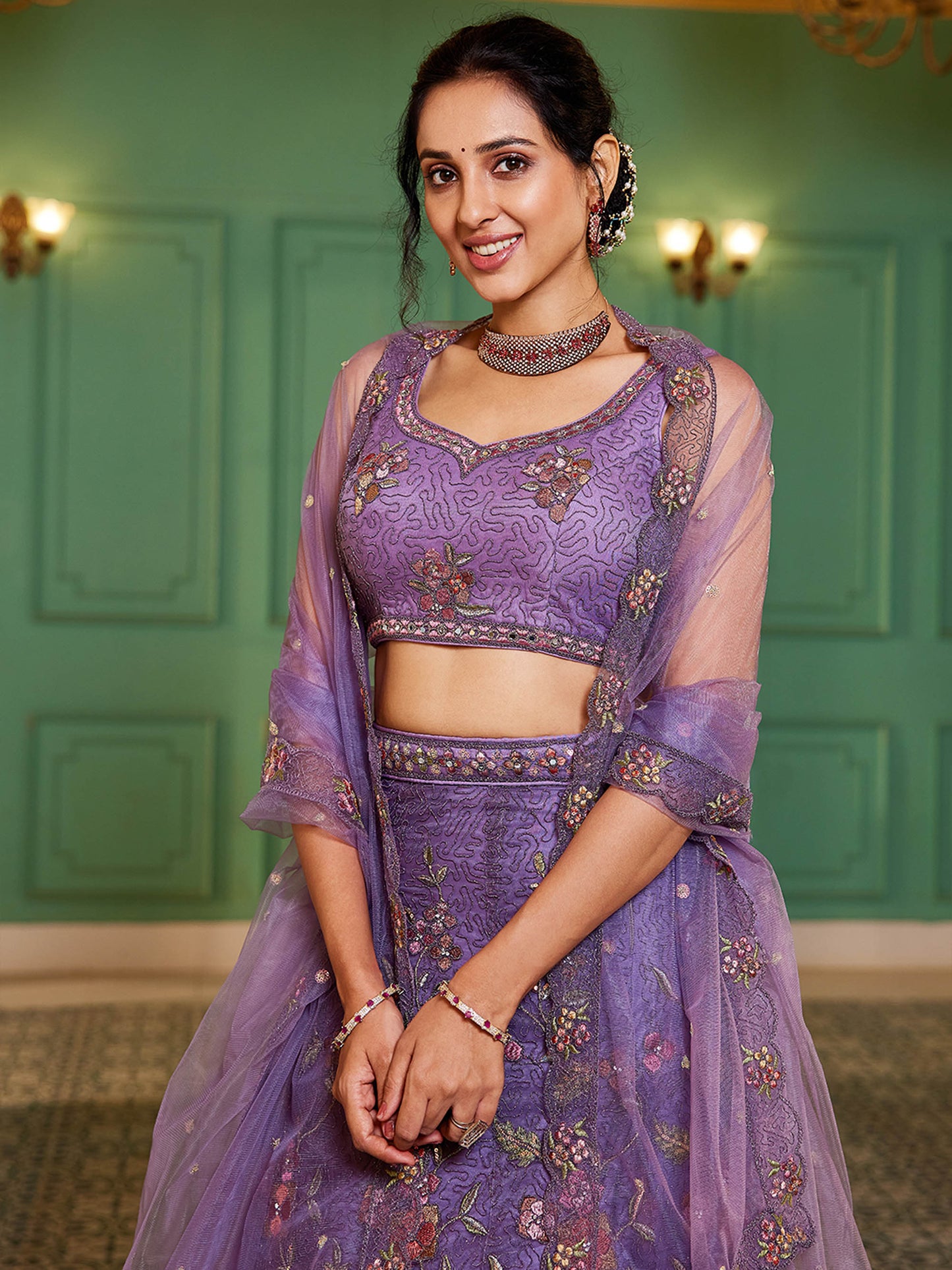 Purple net with Coding & Zarkan embroidery Lehenga choli & Dupatta