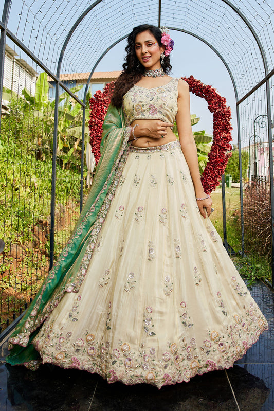 Green colour tissue Fabric with Sequins & Thread embroidery Lehenga choli & Dupatta