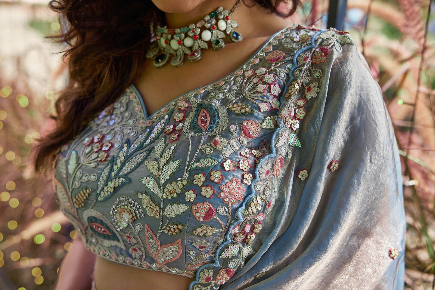 Blue colour Tissue Fabric with Sequinse & Thread embroidery Lehenga choli & Dupatta