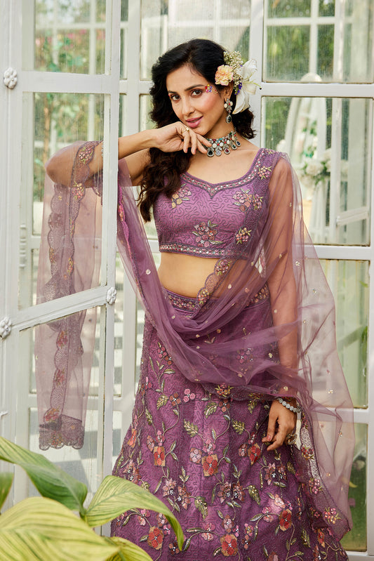 Lavender net with Coding & Zarkan embroidery Lehenga choli & Dupatta