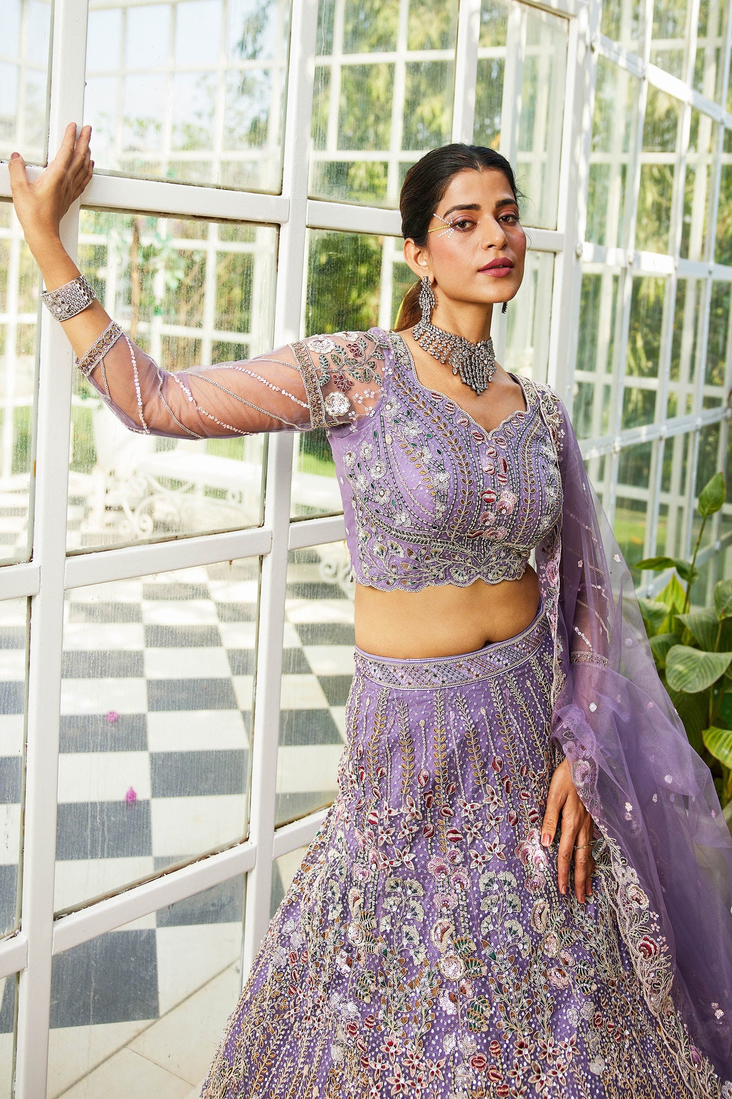 Mauve net and Coding & Zarkan embroidery Lehenga choli & Dupatta