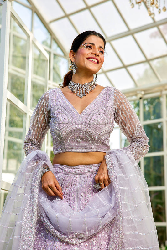 Lavender net with Beads & Zarkan embroidery Lehenga choli & Dupatta