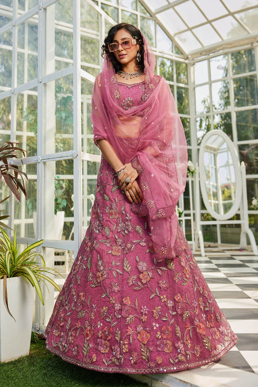 Pink net with Coding & Zarkan embroidery Lehenga choli & Dupatta