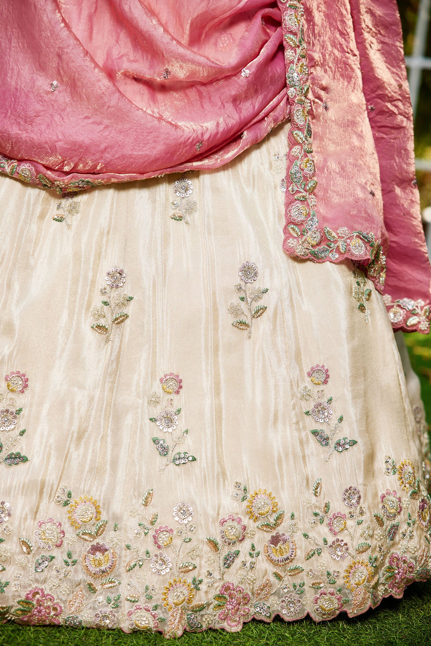 Pink colour tissue Fabric with Sequins & Thread embroidery Lehenga choli & Dupatta
