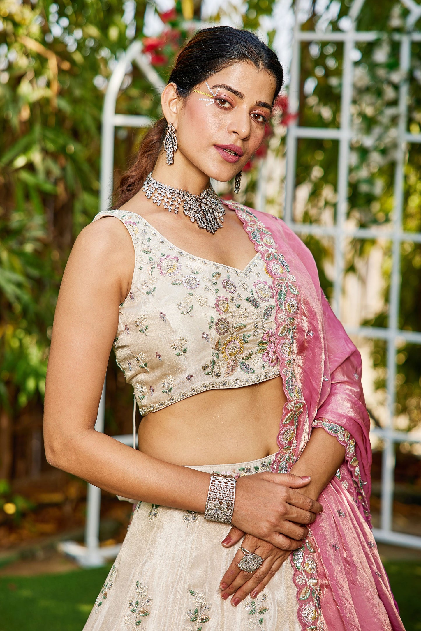 Pink colour tissue Fabric with Sequins & Thread embroidery Lehenga choli & Dupatta