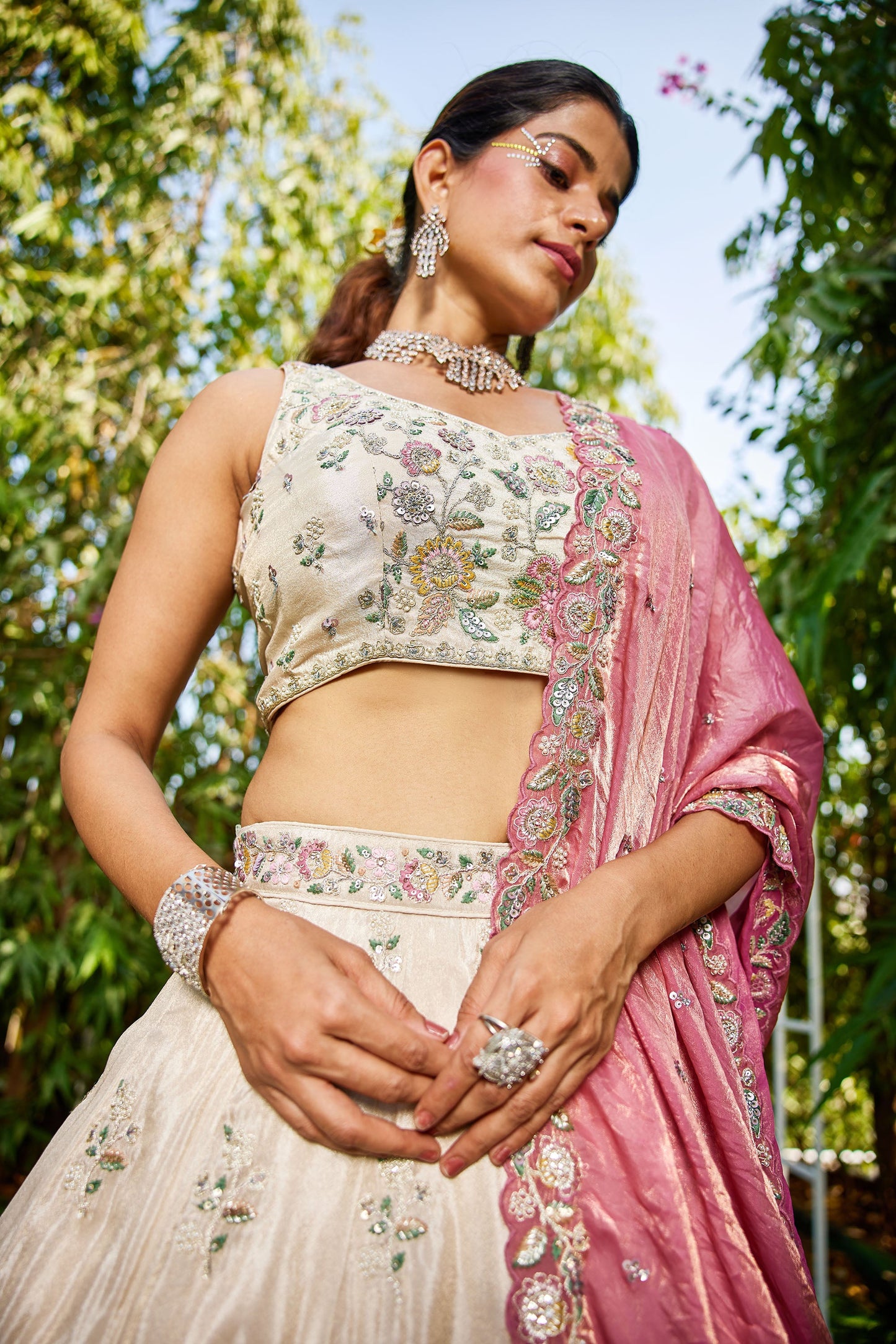 Pink colour tissue Fabric with Sequins & Thread embroidery Lehenga choli & Dupatta