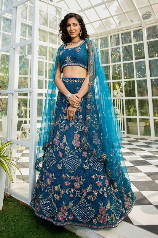 Navy Blue net with Coding & Zarkan embroidery Lehenga choli & Dupatta