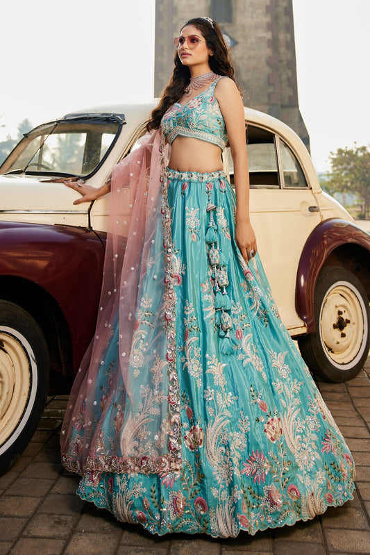 Turquoise blue Satin Silk Sequins embroidery Lehenga choli & Dupatta