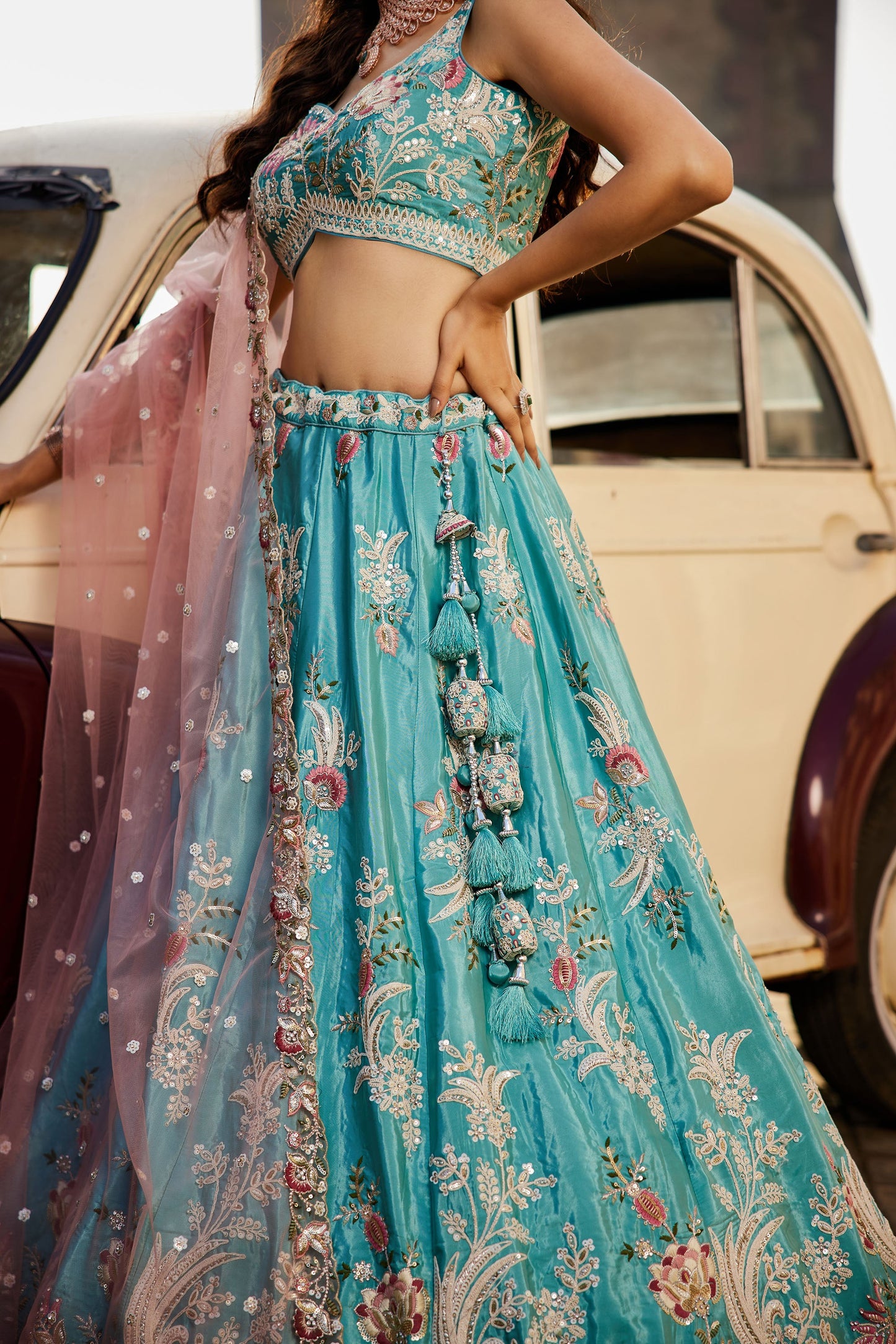 Turquoise blue Satin Silk Sequins embroidery Lehenga choli & Dupatta