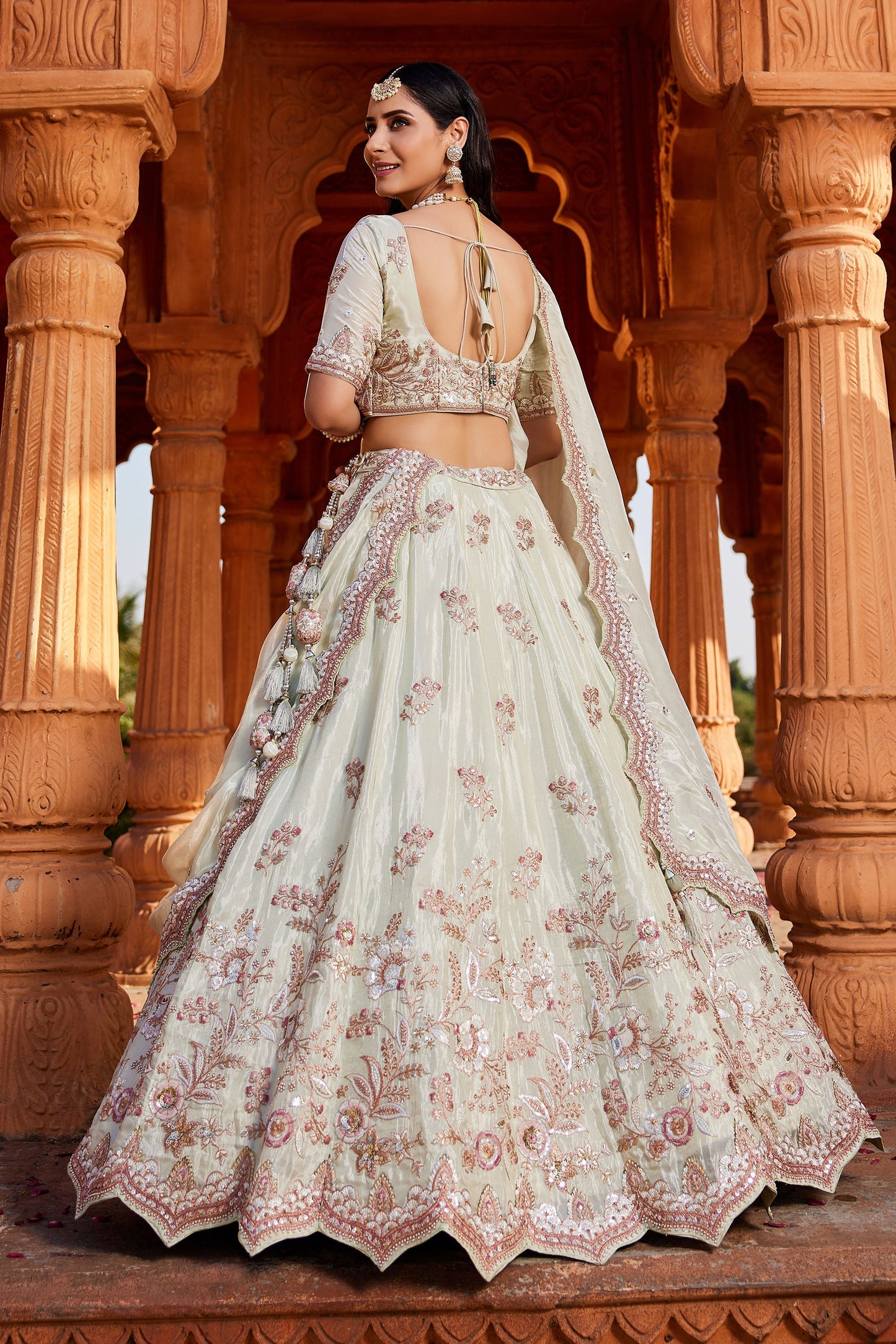 Lime green Tissue Sequins embroidery Lehenga choli & Dupatta