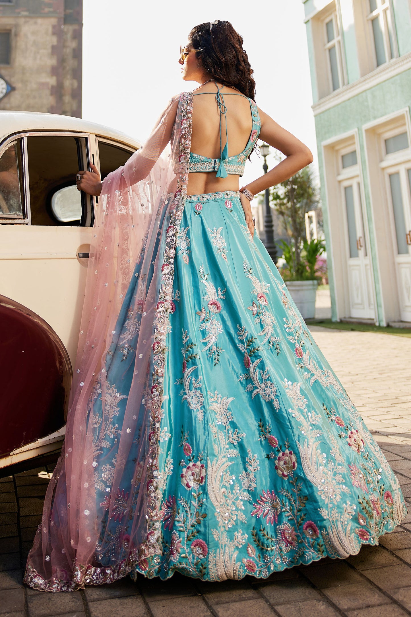 Turquoise blue Satin Silk Sequins embroidery Lehenga choli & Dupatta