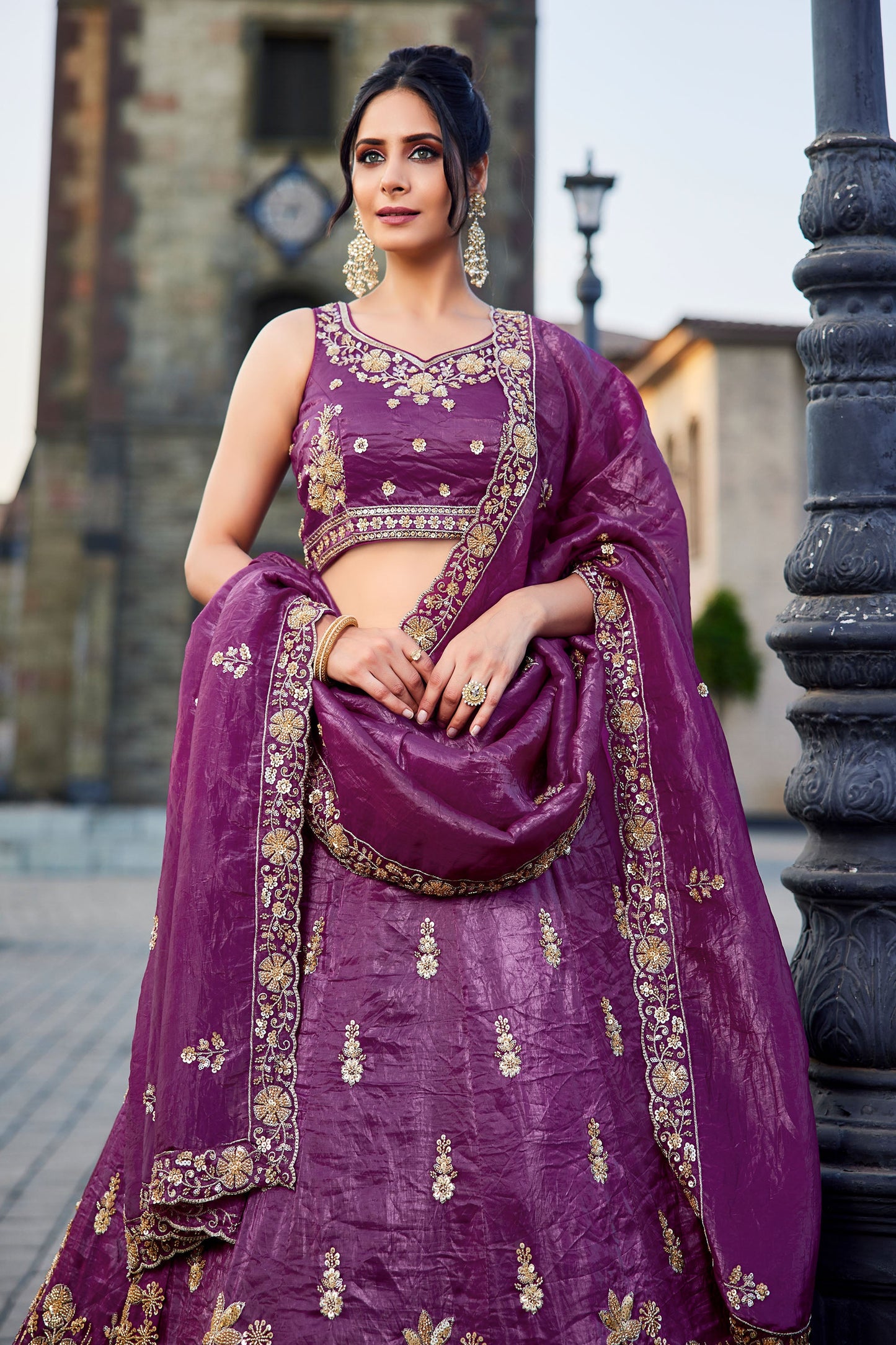 Burgundy Tissue Handwork cutdana embroidery Lehenga choli & Dupatta