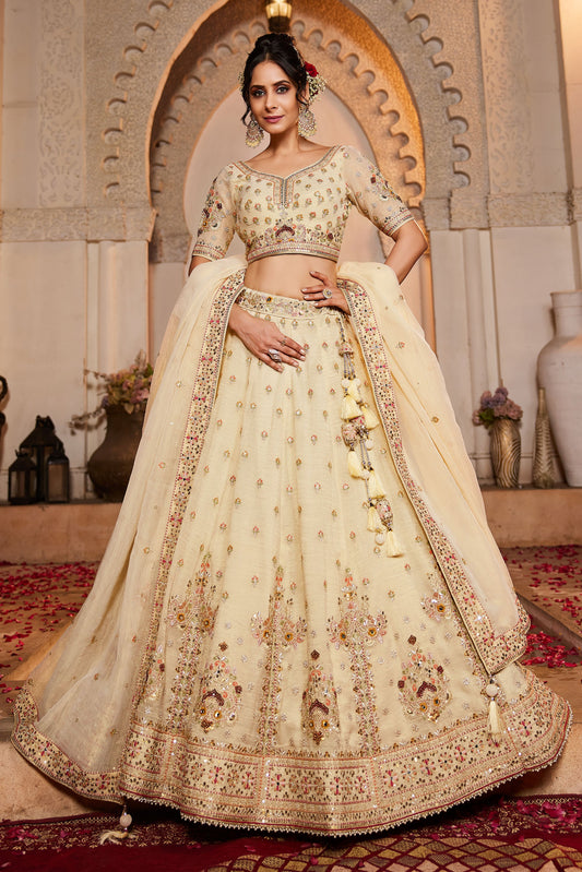 Cream colour Tissue Sequins embroidery Lehenga choli & Dupatta