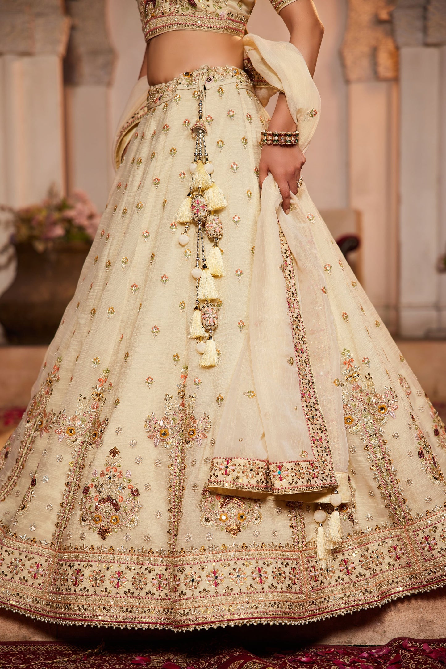 Cream colour Tissue Sequins embroidery Lehenga choli & Dupatta