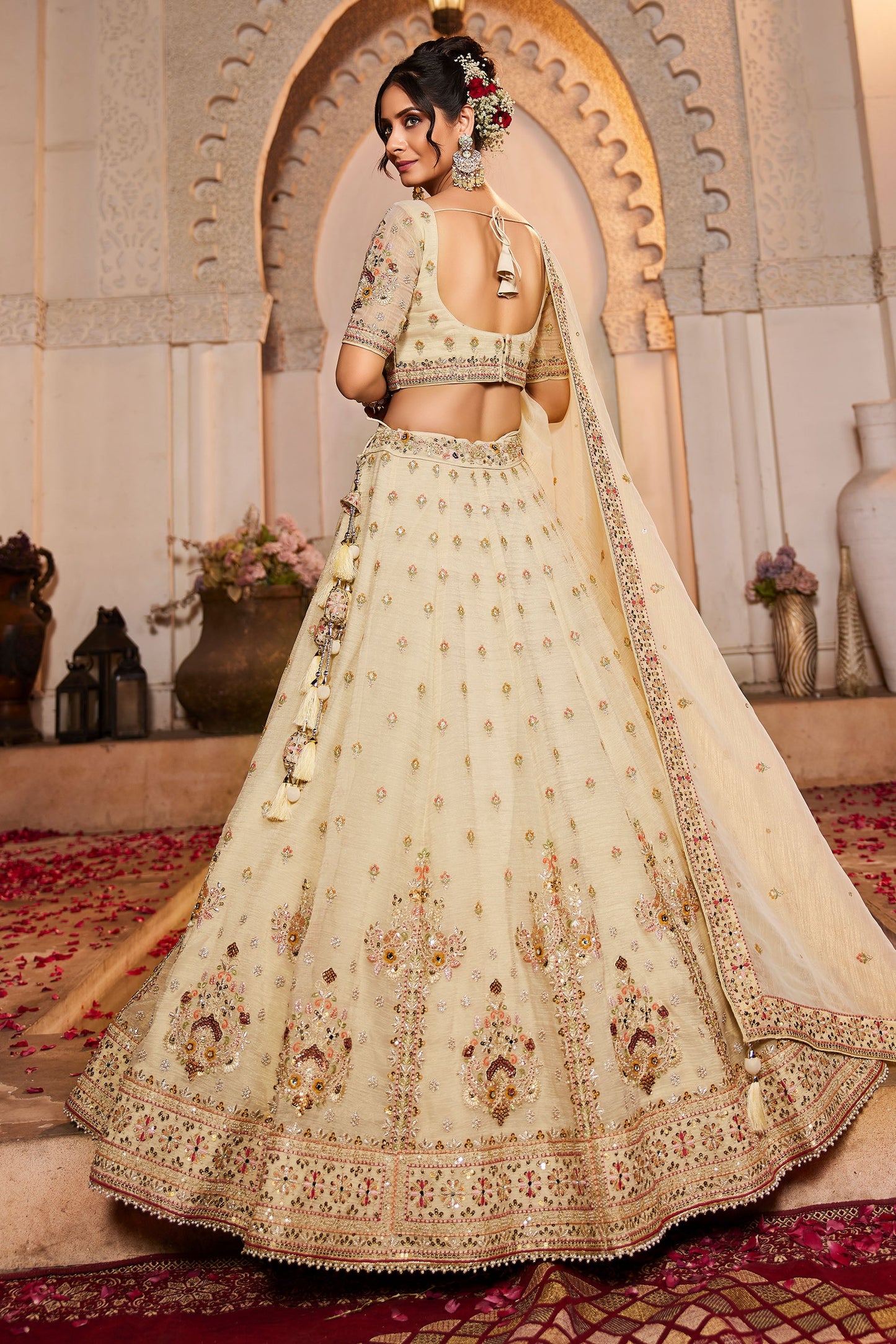 Cream colour Tissue Sequins embroidery Lehenga choli & Dupatta