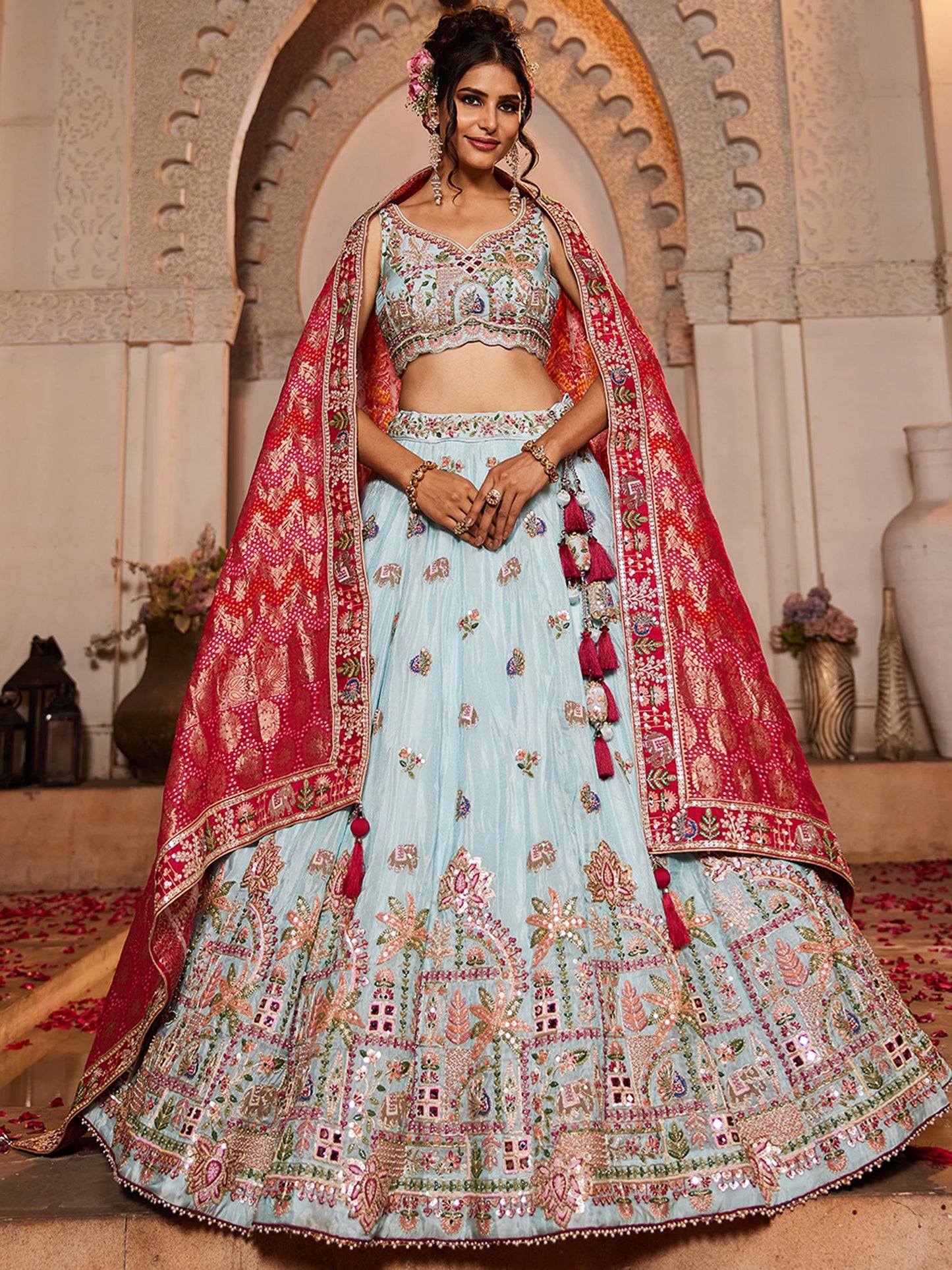 pink Tissue Mirror embroidery Lehenga choli & Dupatta
