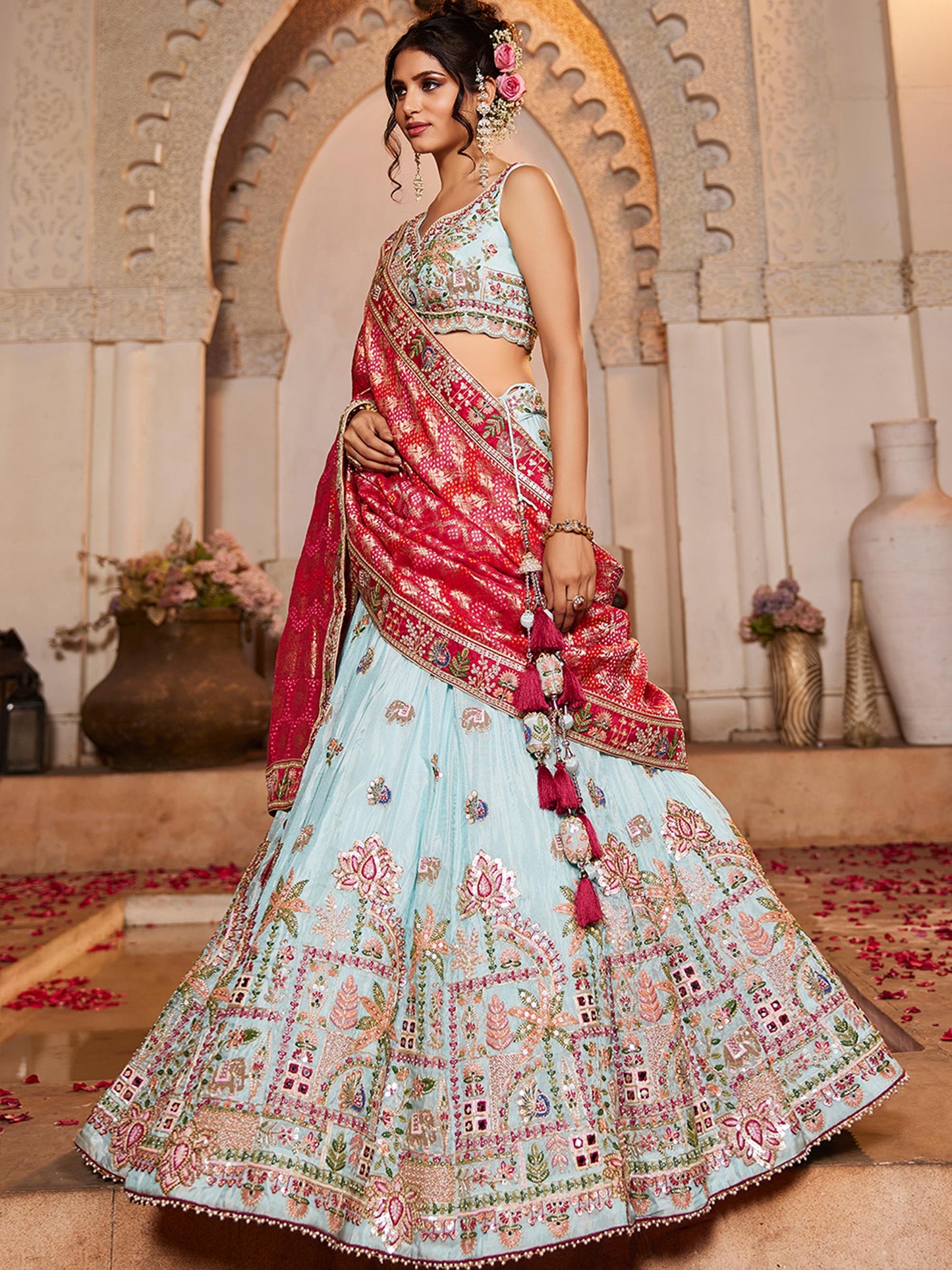 pink Tissue Mirror embroidery Lehenga choli & Dupatta