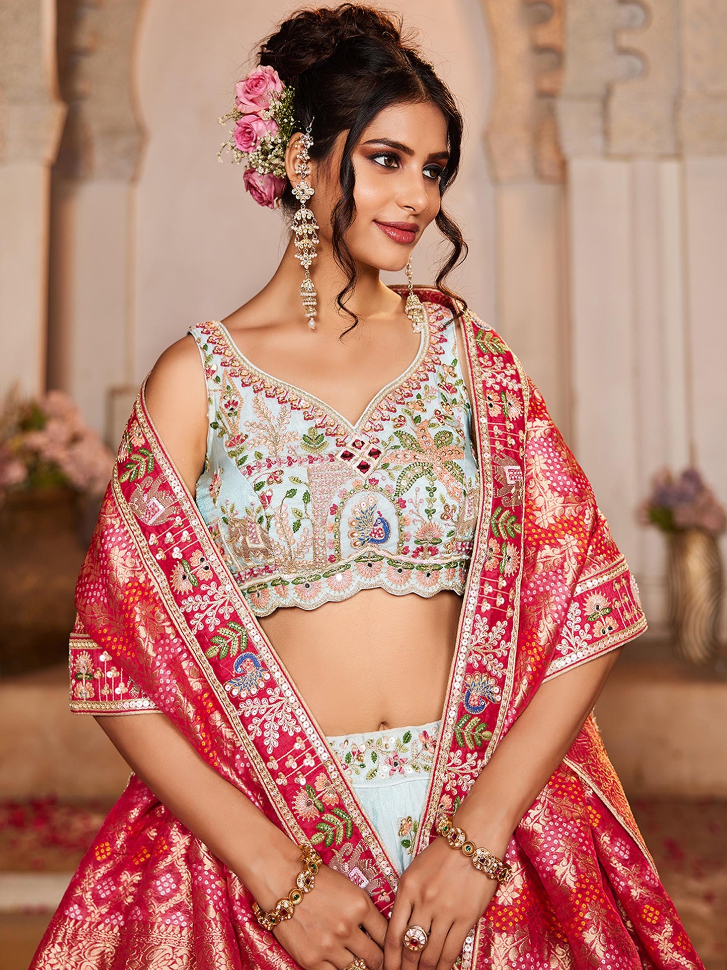 pink Tissue Mirror embroidery Lehenga choli & Dupatta