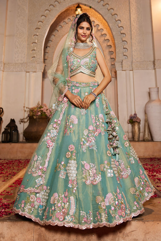 Sea Green Net Sequins embroidery Lehenga choli & Dupatta