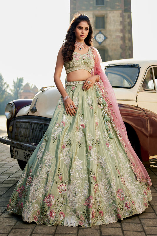 Lime green Satin Silk Sequins embroidery Lehenga choli & Dupatta