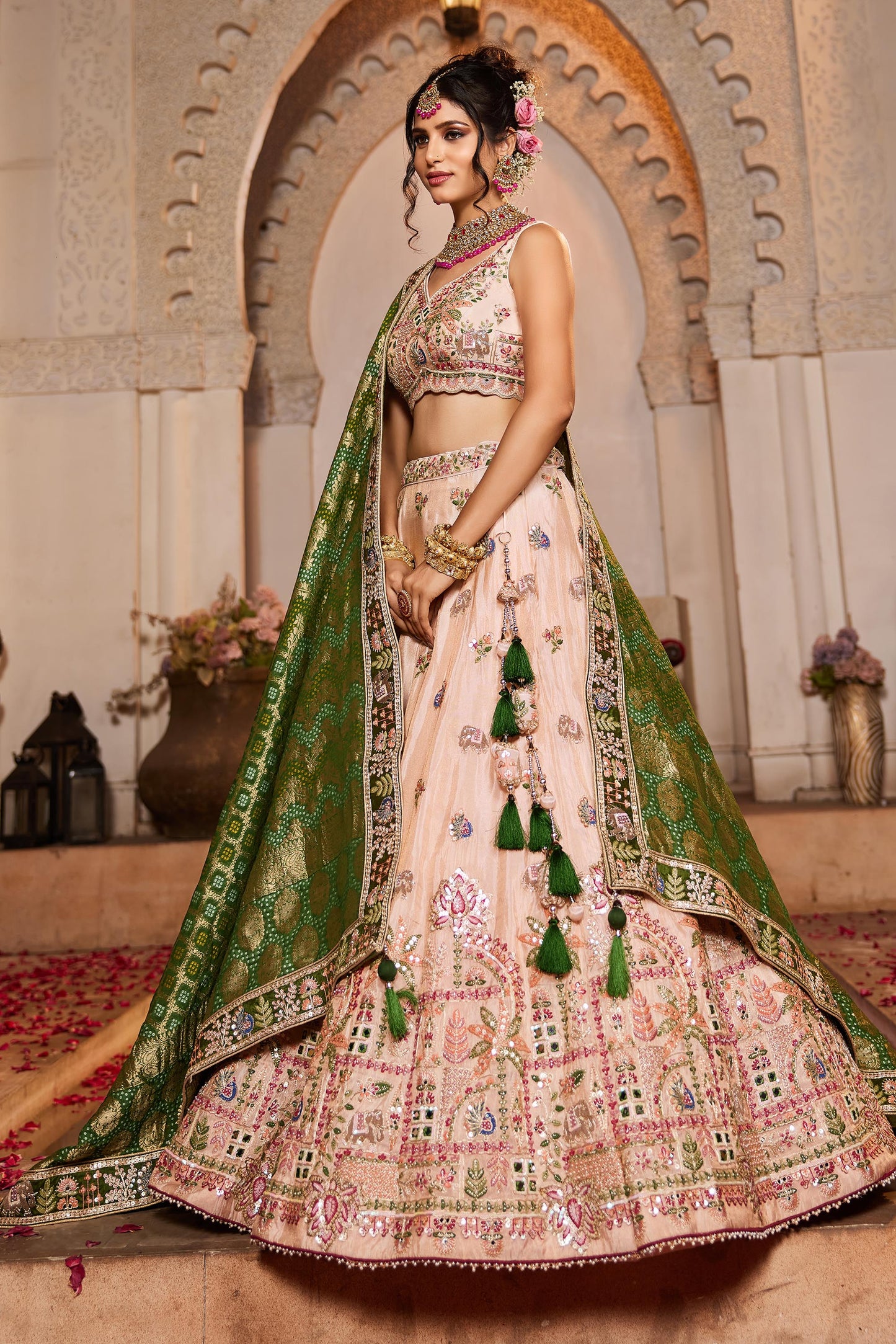 Peach tissue Mirror embroidery Lehenga choli & Dupatta