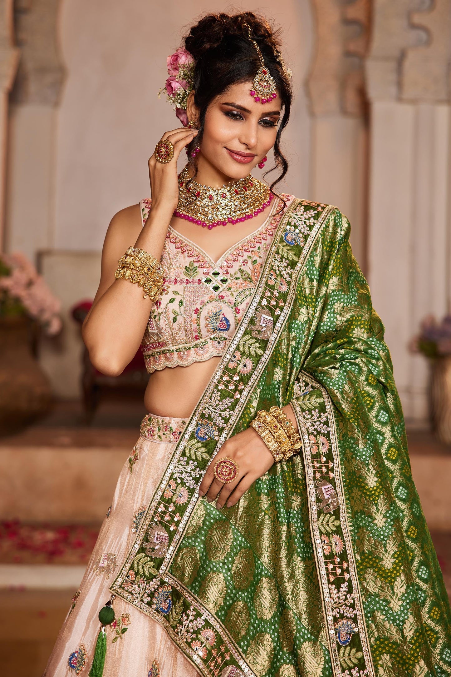 Peach tissue Mirror embroidery Lehenga choli & Dupatta