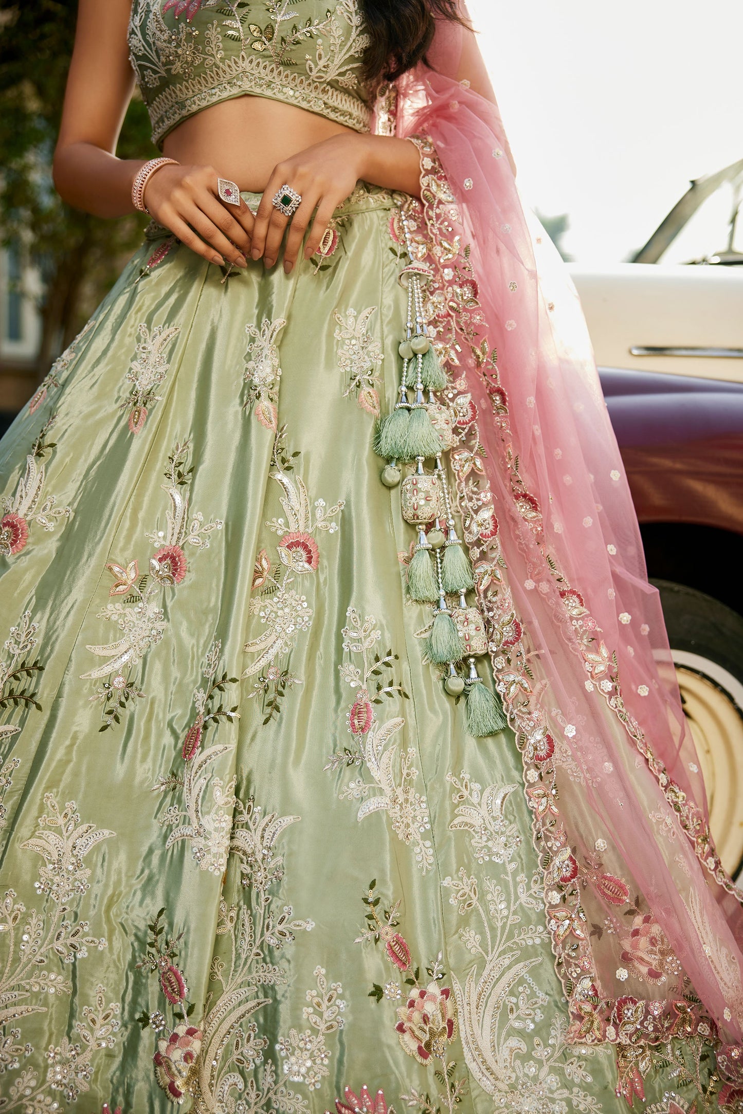 Lime green Satin Silk Sequins embroidery Lehenga choli & Dupatta