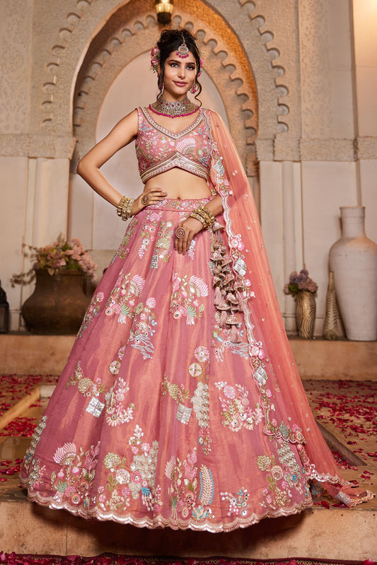 Pink Net Sequins embroidery Lehenga choli & Dupatta