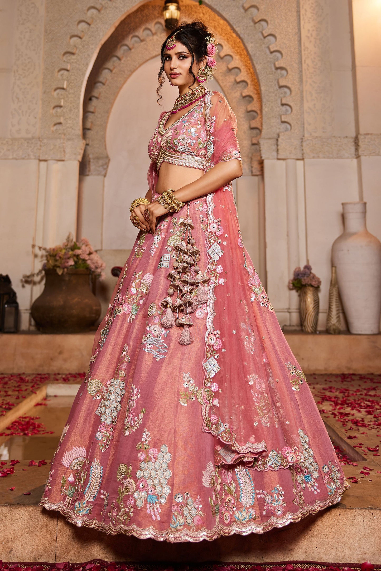 Pink Net Sequins embroidery Lehenga choli & Dupatta
