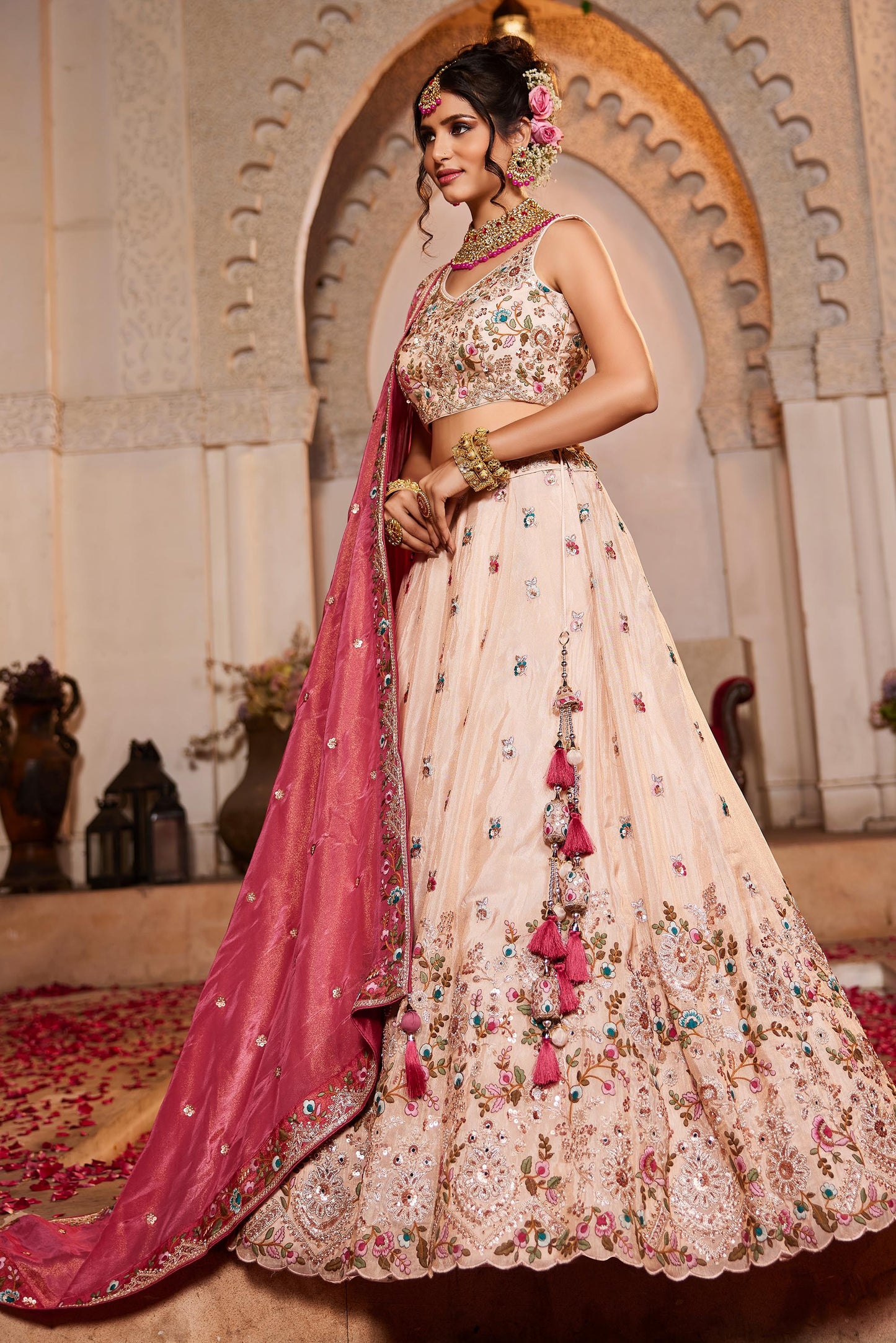 Pink Tissue Sequinse embroidery Lehenga choli & Dupatta