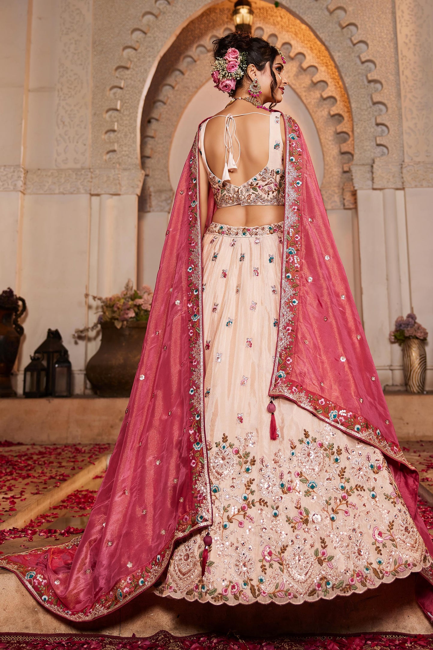 Pink Tissue Sequinse embroidery Lehenga choli & Dupatta