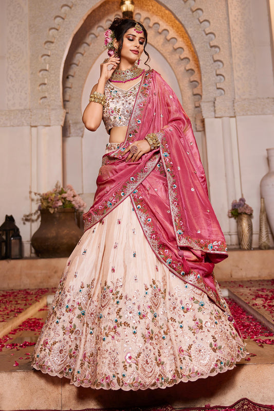 Pink Tissue Sequinse embroidery Lehenga choli & Dupatta